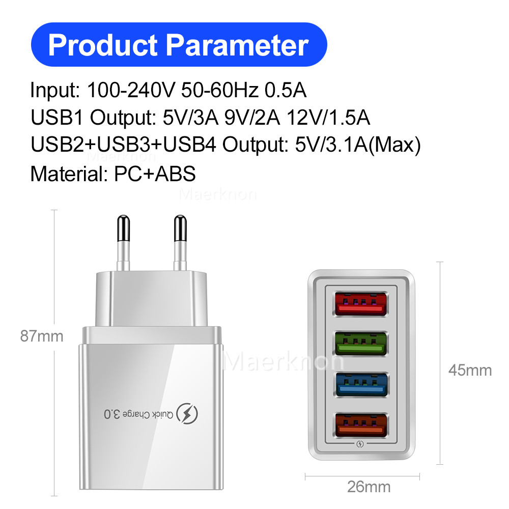 Travel Accessories Inc - 4 USB Hızlı Şarj Başlığı AB/ABD